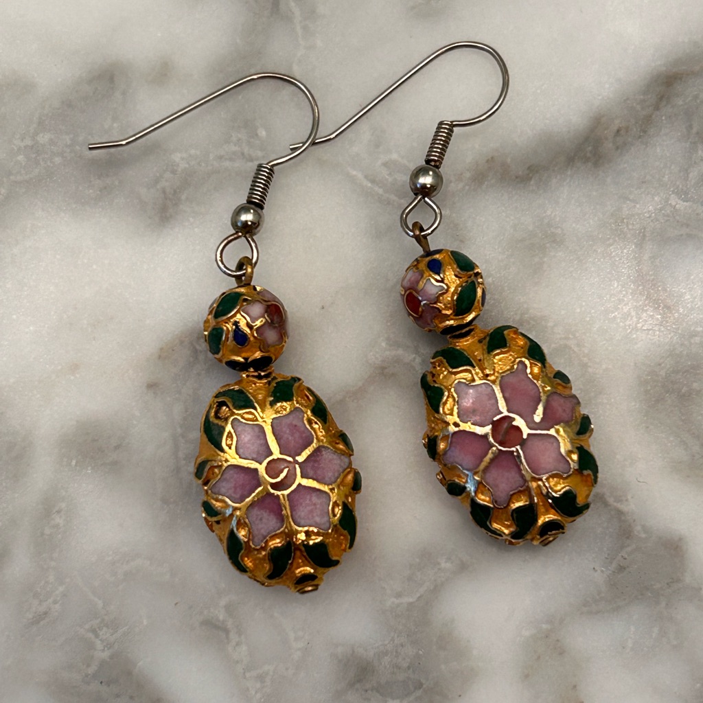 Gold And Pink Floral Drop Cloisonn Earrings